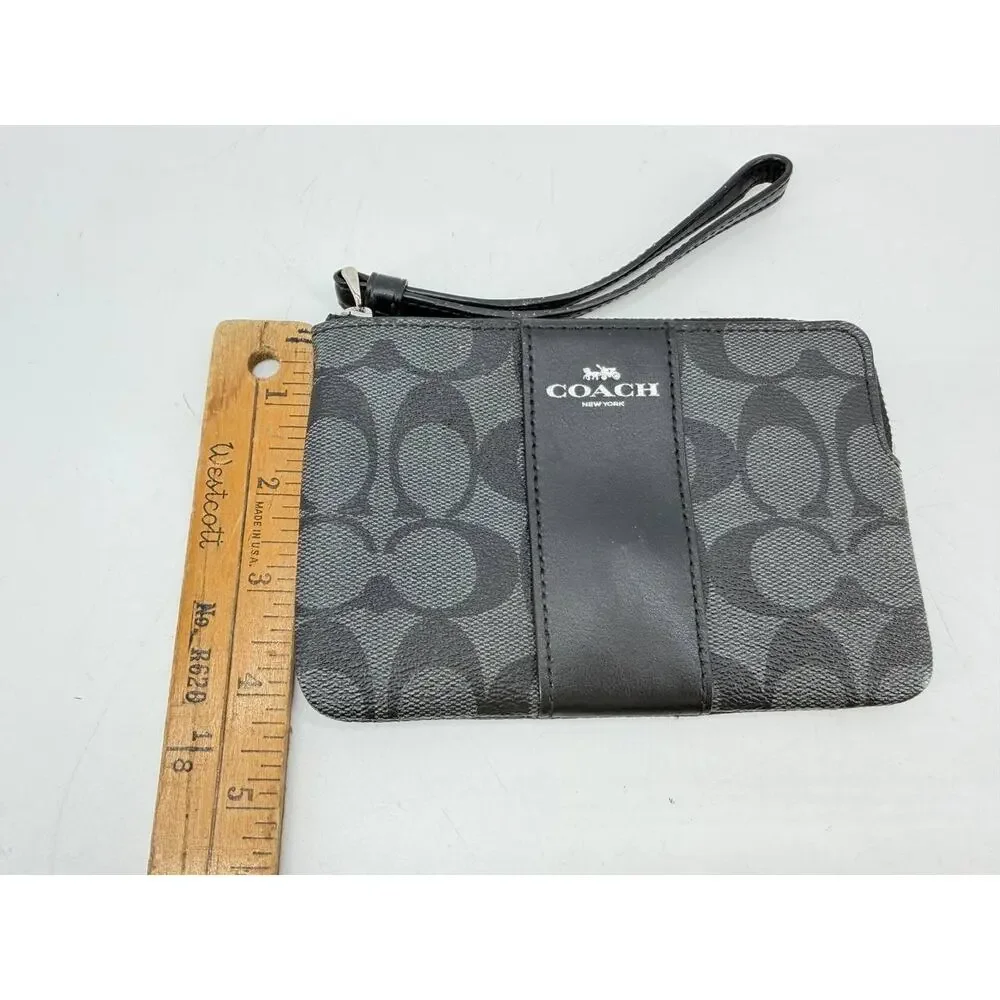 Coach F58035 Signature Corner Zip Wristlet Wallet Black Gray PVC Leather